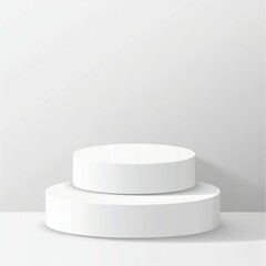 Two-tiered white matte podium with smooth, rounded edges, polished surfaces, subtle shading, and highlights, set against a clean white background for a professional, high-quality design.