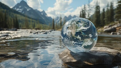 Earth's Reflection: Crystal Globe on River Rock near Mountain Stream, Showing Environmental Harmony