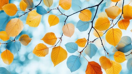 Serene Autumn Leaves: A Dreamy Close-up of Yellow, Gold, and Blue-Gray Foliage Against a Softly Blurred Background
