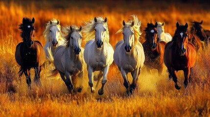 Obraz premium Wild Horses Galloping at Sunset: A Stunning Display of Freedom and Untamed Beauty in the Golden Fields