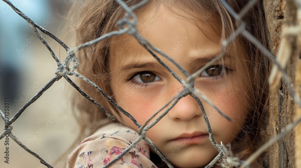 Aufkleber Heartbreaking expression of a little girl looking through a rusty fence reflecting vulnerability and longing : Generative AI