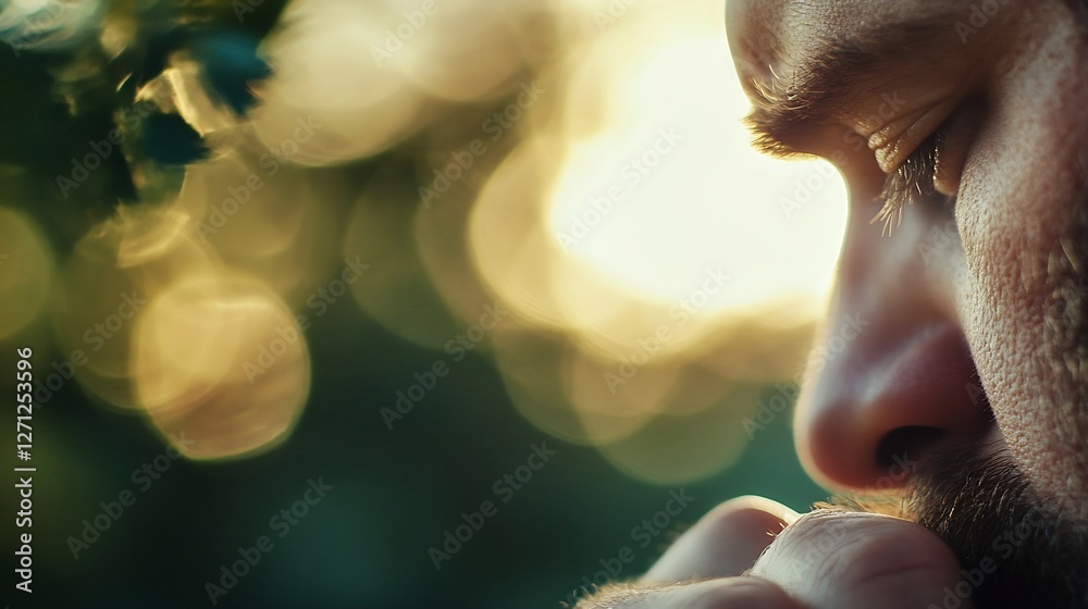 Poster close up profile of thoughtful bearded man contemplating life with soft bokeh background at sunset :