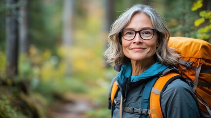 Myopia prevention with a woman wearing glasses hiking with a backpack. Wellness, fitness, and eye protection