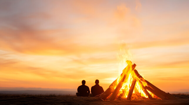 Two people sit by a crackling bonfire under a golden sunset, embracing the peaceful evening. Ideal for outdoor adventure themes, friendship concepts, and travel promotions. Selective focus