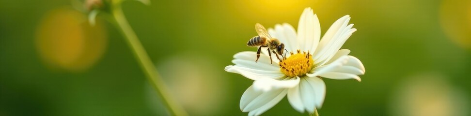White flower with a single honey bee landing on its delicate petals, honey bee, insect, yellow