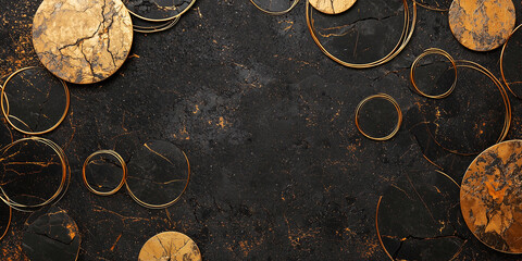 Naklejka premium Abstract black and gold circles on black grunge background 