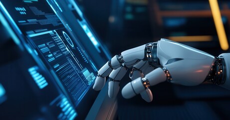 Robotic Arm Interacting with a Digital Interface, showcasing advanced tech and automation in a futuristic setting with glowing data and UI.