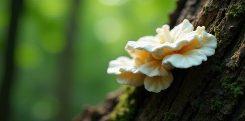 White fungal growth on a branch in the forest, white fungus, tree decay, tree bark