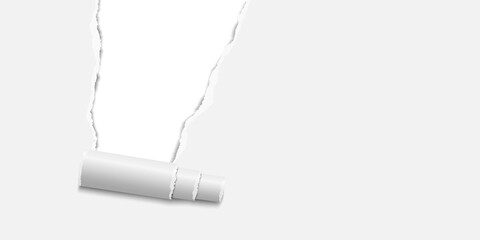 Vector torn window made of sheet of white paper with curl and white background under it. Template paper design.