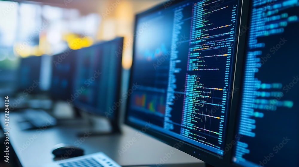 Aufkleber Modern work environment featuring computer screens displaying coding and programming data in a tech office : Generative AI