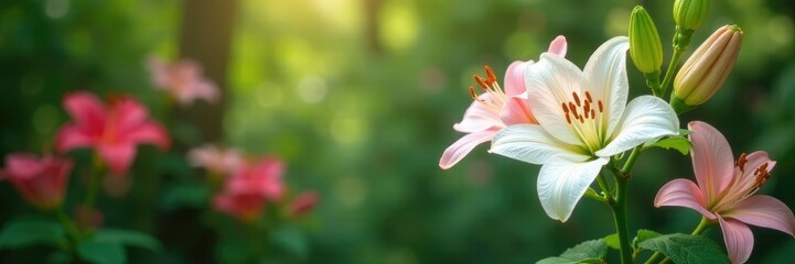 Fototapeta premium White lily flowers and pink daylilies growing among foliage on a tree branch, pink, lilies