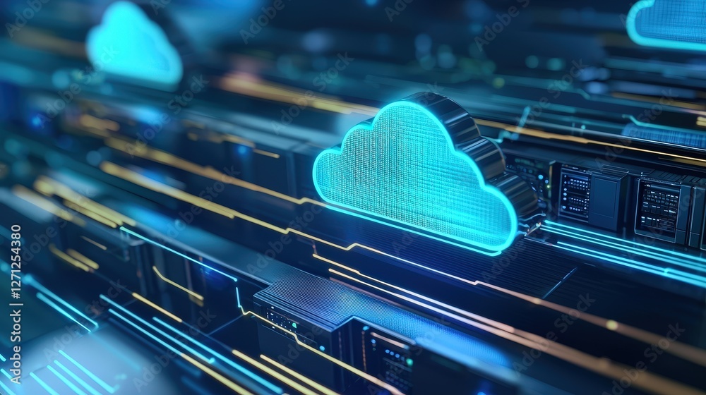 Poster a vibrant digital rendering of cloud technology symbolizing data transfer and connectivity with glow