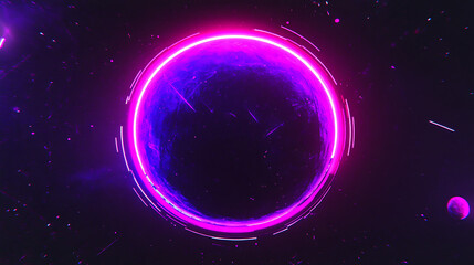 Neon Ringed Purple Planet in the Void of Space Abstract Cosmic Creation with Dust Particles