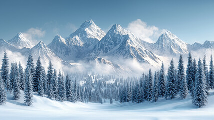 Obraz premium Majestic snowy peaks rising high above serene valley, surrounded by evergreen trees and soft clouds