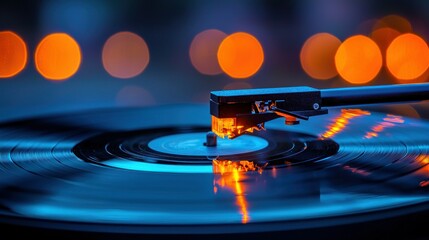 Vinyl record playing, blue light, party background, music