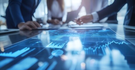 Team analyzing market trends and financial data using advanced interactive display during meeting, fostering innovation and strategic planning.