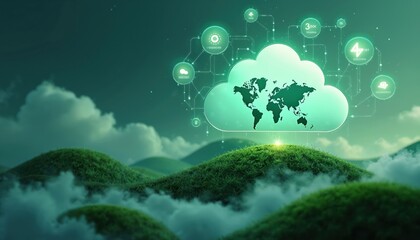 Cloud service concept. World map inside cloud with data indicators, green hills. Digital transformation, eco-friendly approach, sustainable tech. Cloud computing for modern business, environment