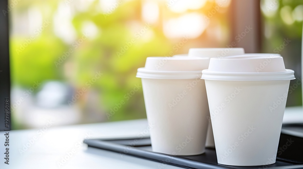 Poster collection of four disposable coffee cups arranged on a tray in a bright café setting : generative a