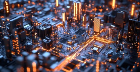 Abstract futuristic microchip city with intricate network of glowing pathways, simulating modern data processing and high tech advancement.