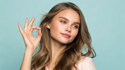 Fototapeta premium a young woman smiling with her hand showing an 