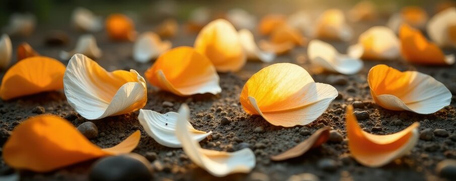 Wilted white orange Parijat petals scattered on the ground, foliage, Parijat