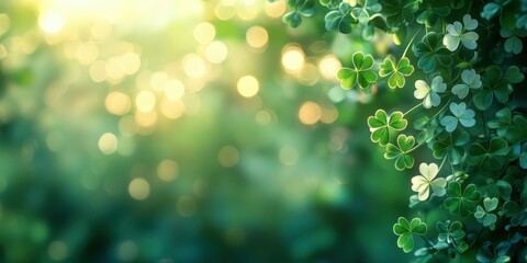 Obraz premium Happy St. Patrickâ€™s Day Background, A dreamy blend of shamrock leaves scattered across a soft green gradient, with blurred golden bokeh shining in the background. 