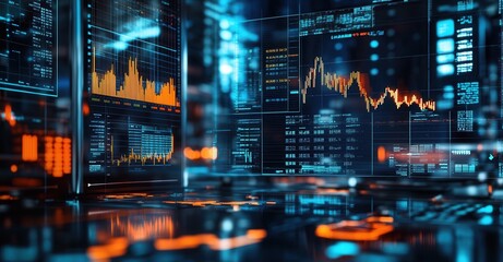 Advanced analytics interface displaying real-time data graphs and charts with a futuristic aesthetic and technological sophistication.
