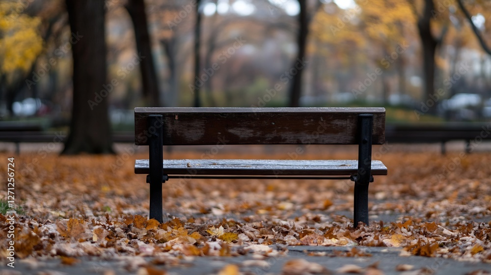 Poster isolated park bench covered with fallen leaves in autumn signifying peaceful abandonment and seasona