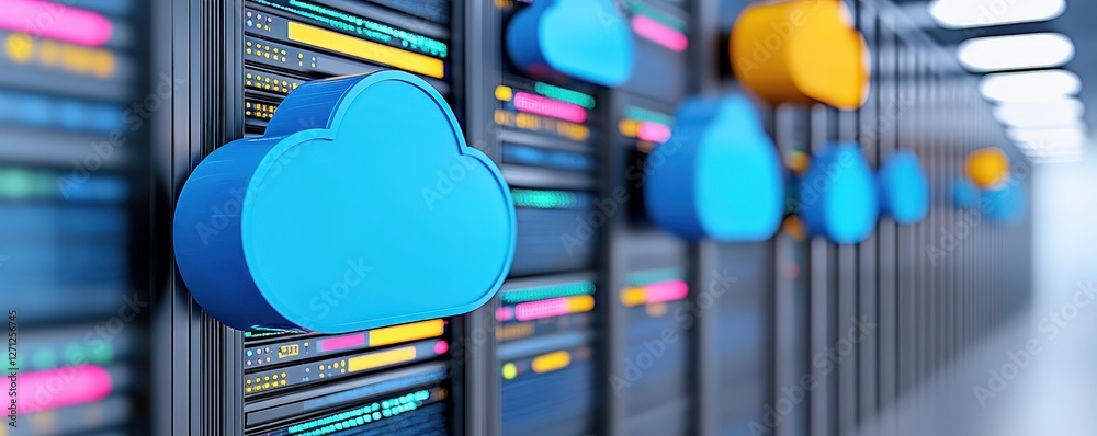Poster a modern data center featuring colorful cloud icons integrated with server racks, representing cloud