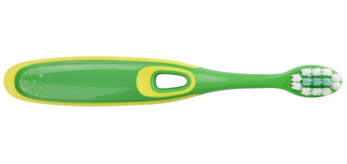 Green manual toothbrush for child isolated on a transparent background. Completely in focus. Focus stacking.