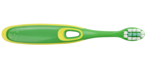 Green manual toothbrush for child isolated on a transparent background. Completely in focus. Focus stacking.