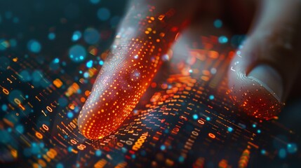 A hand hovers over a surface displaying glowing binary code and particles, illustrating the interaction between humans and digital technology in a modern, futuristic setting.