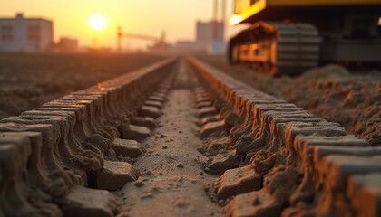 Obraz premium Machinery tracks on muddy ground construction site during sunset. Heavy equipment leaves trail. Groundwork, digging, preparation, industrial, work, project. Hydraulic tractor loader for engineering,