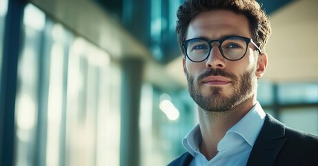 Portrait of a confident, stylish man with glasses, exuding professionalism and approachability in a modern office setting.