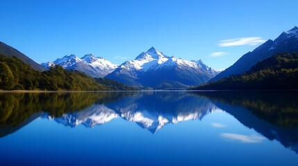 Breathtaking Mountain Landscape with Clear Blue Lake and Majestic Peaks Reflecting in the Water : Generative AI