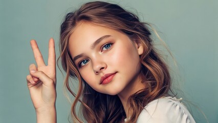 a young girl joyfully flashing the peace sign, expressing positivity and optimism