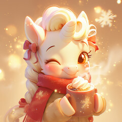 Fototapeta premium A cute white unicorn is sitting on a blanket with a scarf around its neck and holding a cup of hot chocolate