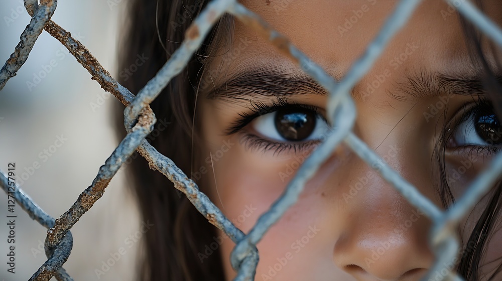 Poster Close up of a girl's face with deep eyes looking through a rusty wire fence emphasizing emotions : Generative AI