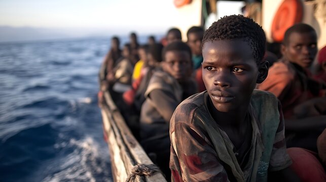 Dramatic image of young boys on a crowded boat illustrating the journey of migration and hardship : Generative AI