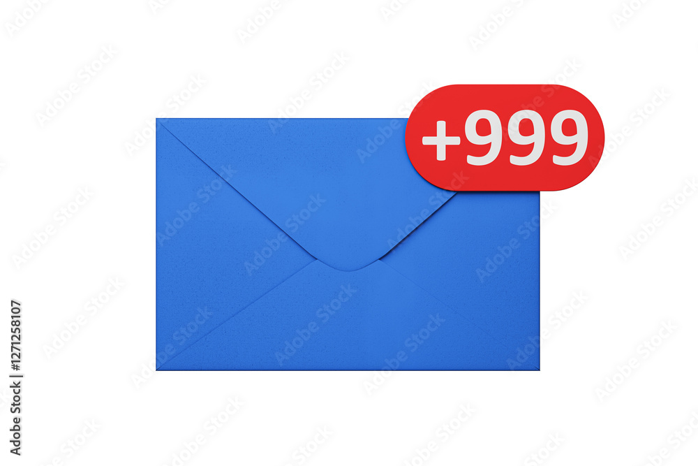 Aufkleber Blue envelope with a red notification badge displaying +999 on a white background, symbolizing email overload and communication alerts. 3D Rendering.