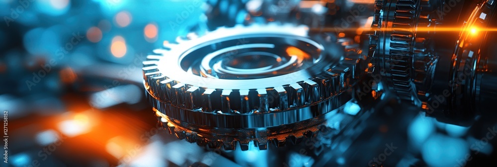 Poster precise metal gears interlock: seamlessly rotating cogs in complex mechanism, illuminating advanced 