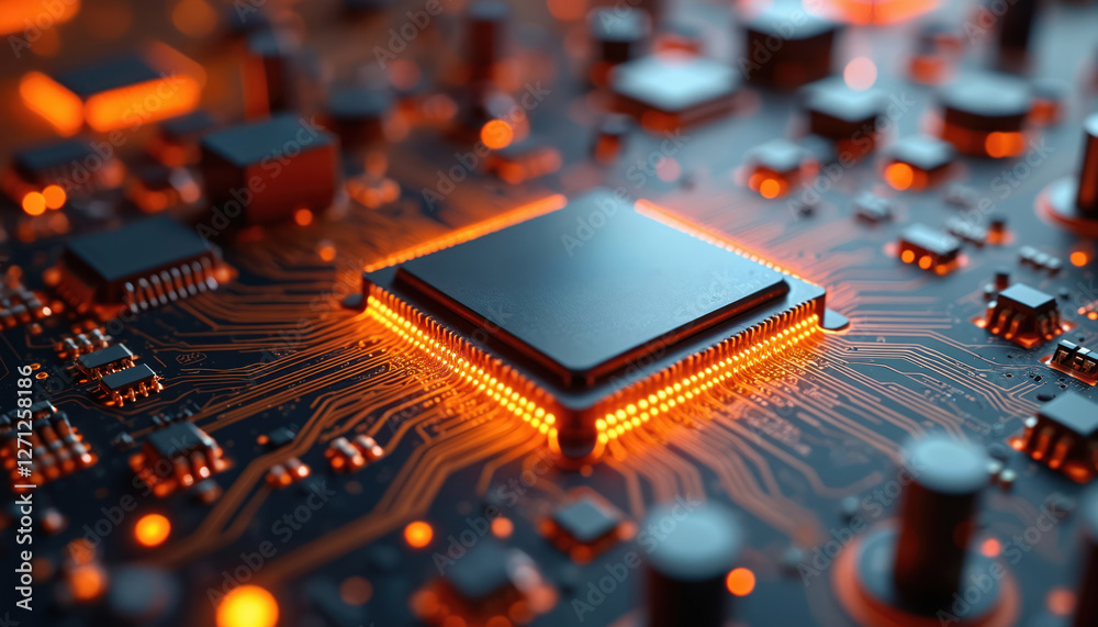 Poster electronic circuit board with processor, microchips with orange light. motherboard component. comput