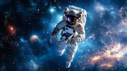 Obraz premium Spaceman in space, astronaut on a cosmic journey, astronomy science fiction, outer space exploration, stars, planets, and galaxies, space discovery