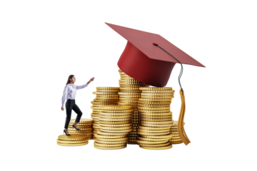 Businesswoman climbing gold coin stacks with a red graduation cap on top, symbolizing education costs and financial investment in learning