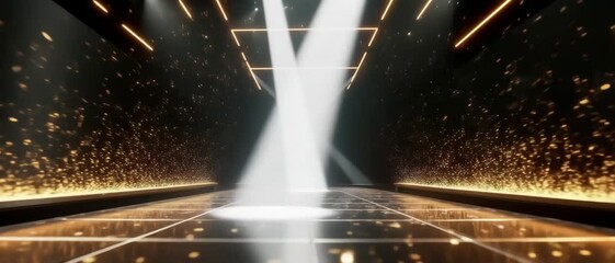  Empty Stage with Spotlights and Golden Glitter - 4K Animation. Black and Gold Background for Award Ceremony, Fashion Show, Product Presentation, or Concert. Video Footage for Events and Entertainment