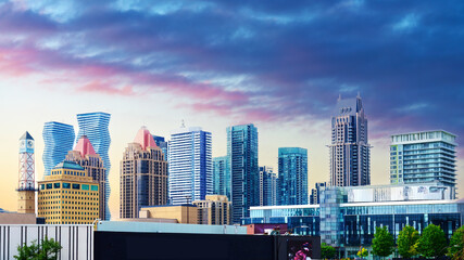 City skyline with modern skyscrapers and residential buildings in Mississauga, Canada