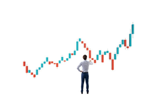 Businessman in formal attire standing back view, analyzing stock market candlestick chart, isolated on white background, concept of financial growth