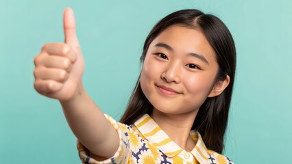 a young asian woman gives a thumbs-up sign, exuding positivity. She smiles warmly, showing a gesture of approval