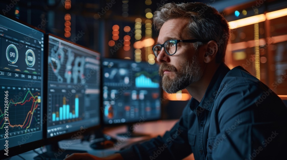 Poster A man with a beard sits in a dimly lit office, intently reviewing various financial graphs and data visualizations on several computer monitors during the evening hours.