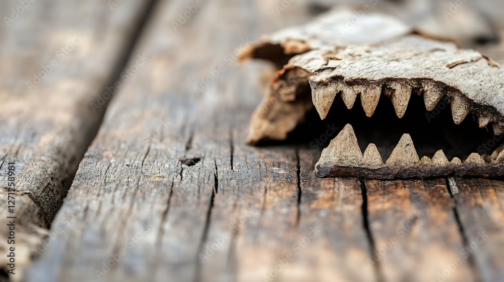 Poster Detailed close up of a wooden artifact resembling an animal skull with sharp teeth on a rustic background : Generative AI